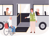 graphic of person in wheelchair getting on bus with assistance